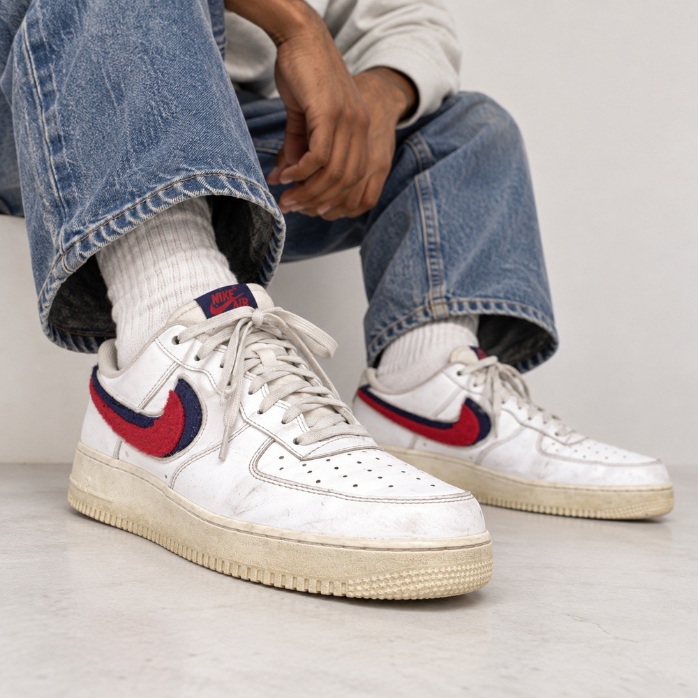Nike Mens Air Force 1 '07 Low Chenille Swoosh White Red Navy Size 10.5 White